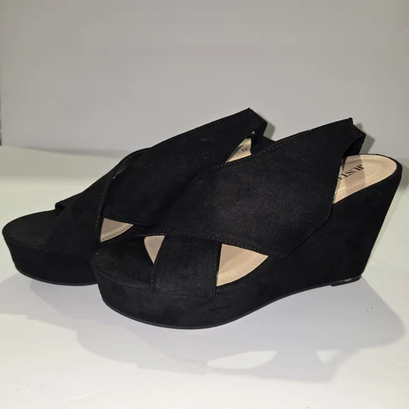JustFab Black Wedge Sandals Women's Size 8 - Picture 4 of 11